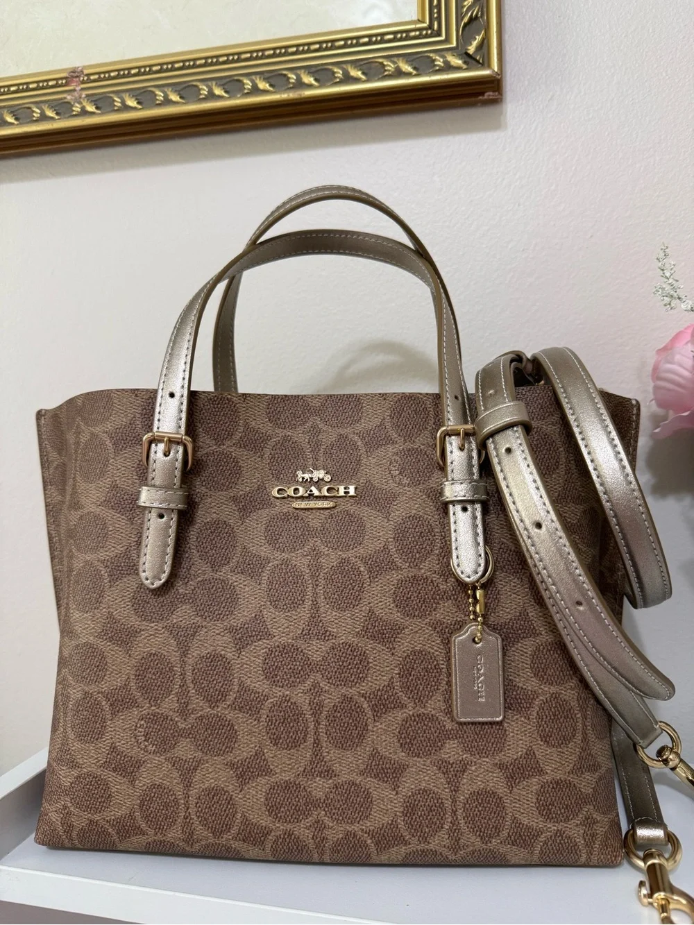 Coach Brown Signature Satchel With Lt Champagne Straps  and Bottom